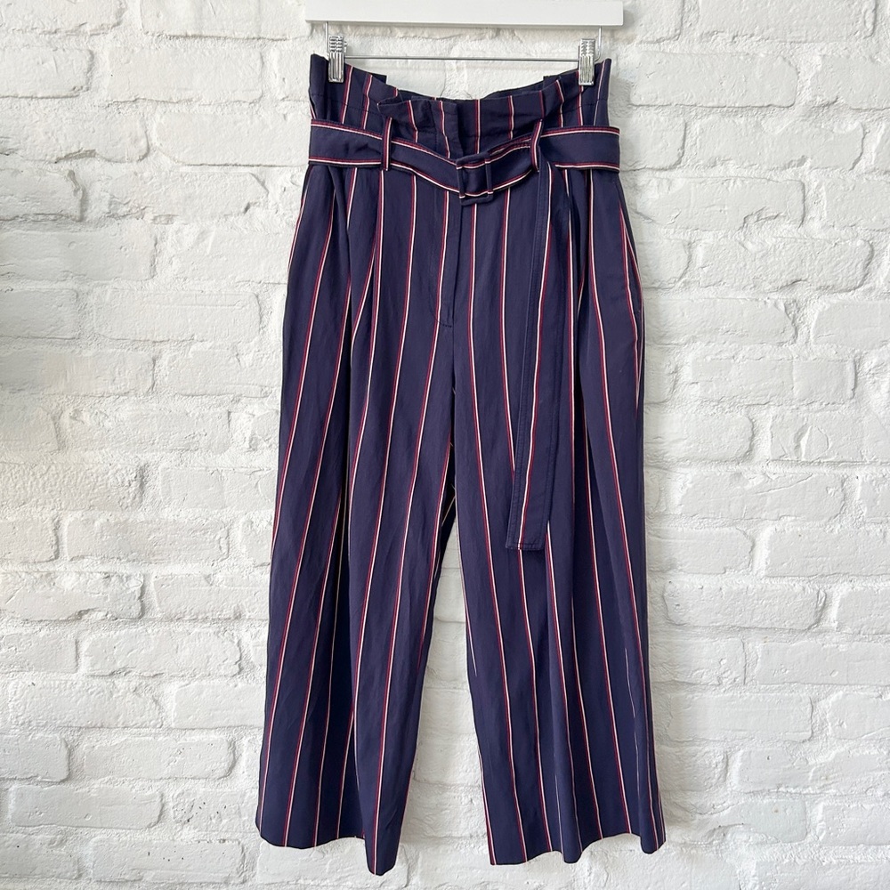 Derek Lam Navy Striped Paperbag Waist Wide-Leg Pants